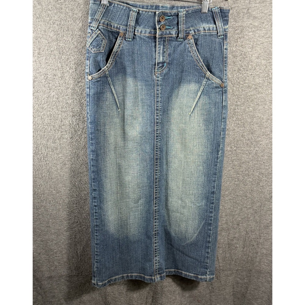 Women's Denim Jean Stretch Midi Pencil Skirt Split Size 7/8 Whiskering Cowgirl